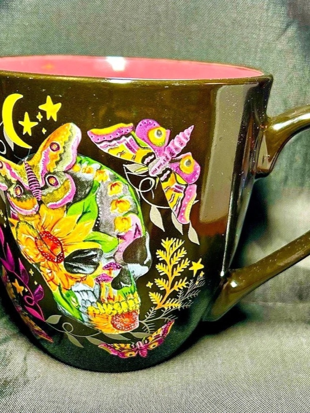 Prima Sugar Skull & Moth Ceramic Coffee Mug Black & Pink